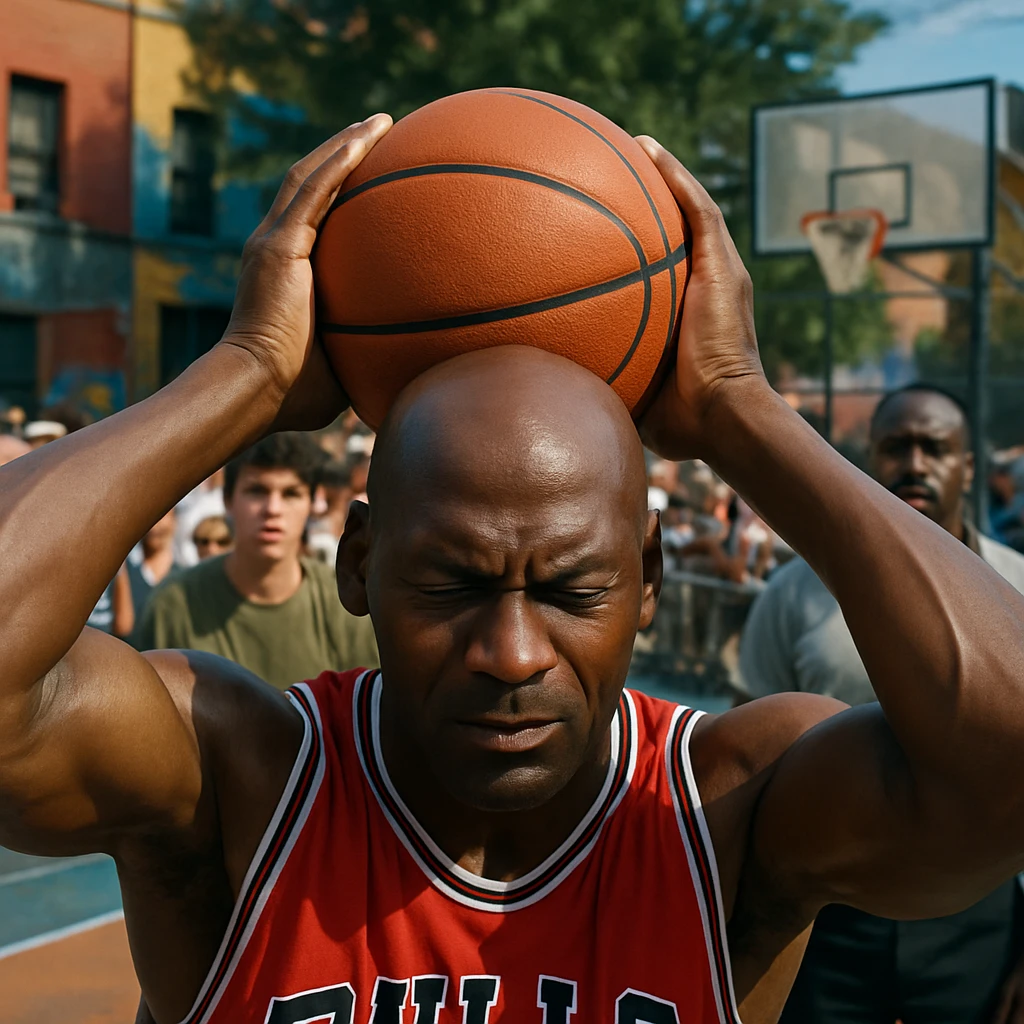 屋外バスケコートで両耳だけでバスケットボールを挟む選手が観客の前でプレイしている様子。