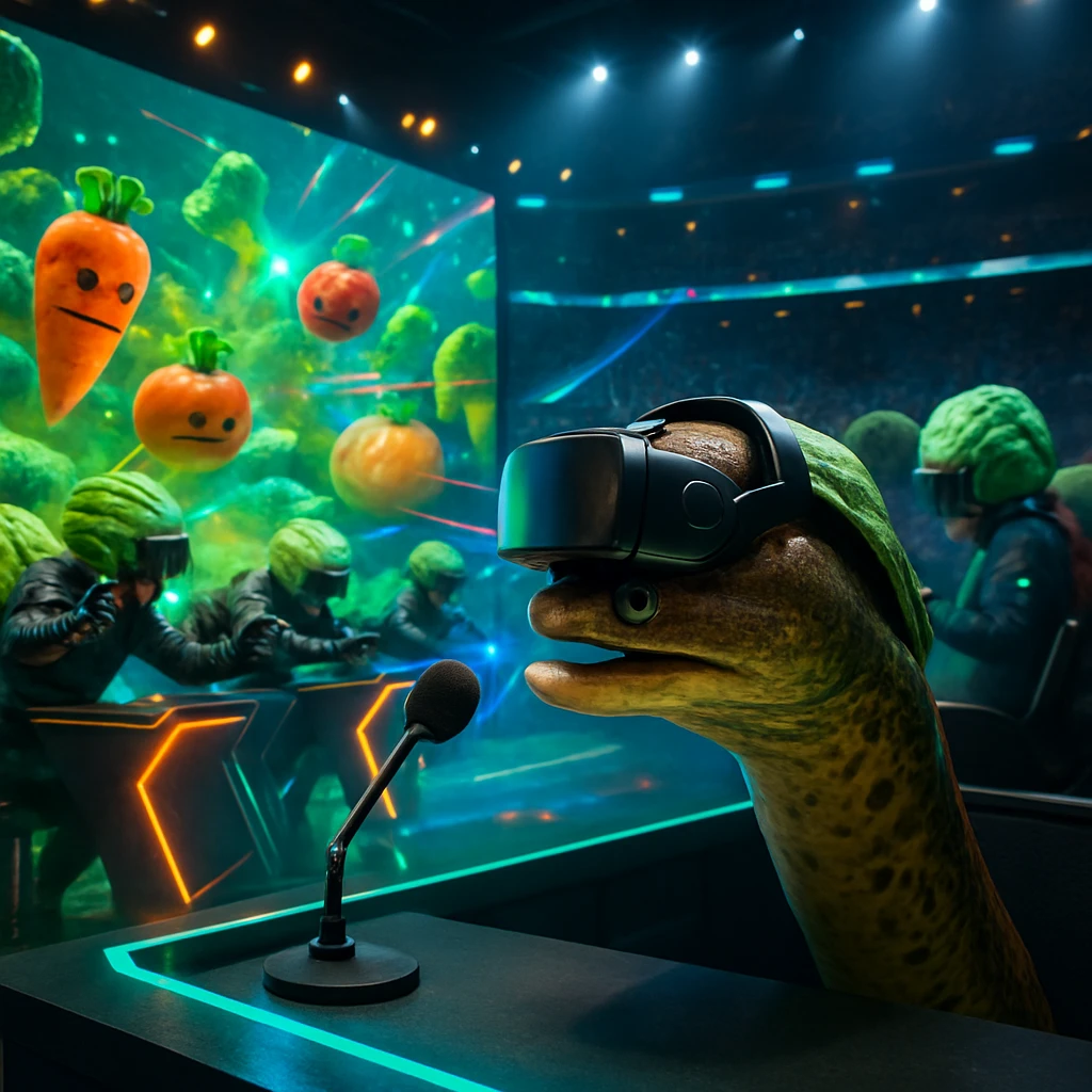 バーチャルアリーナでキャベツ型ヘルメットを被った選手たちと、VRヘッドセットを装着したウナギが実況席にいる様子の写真風画像。