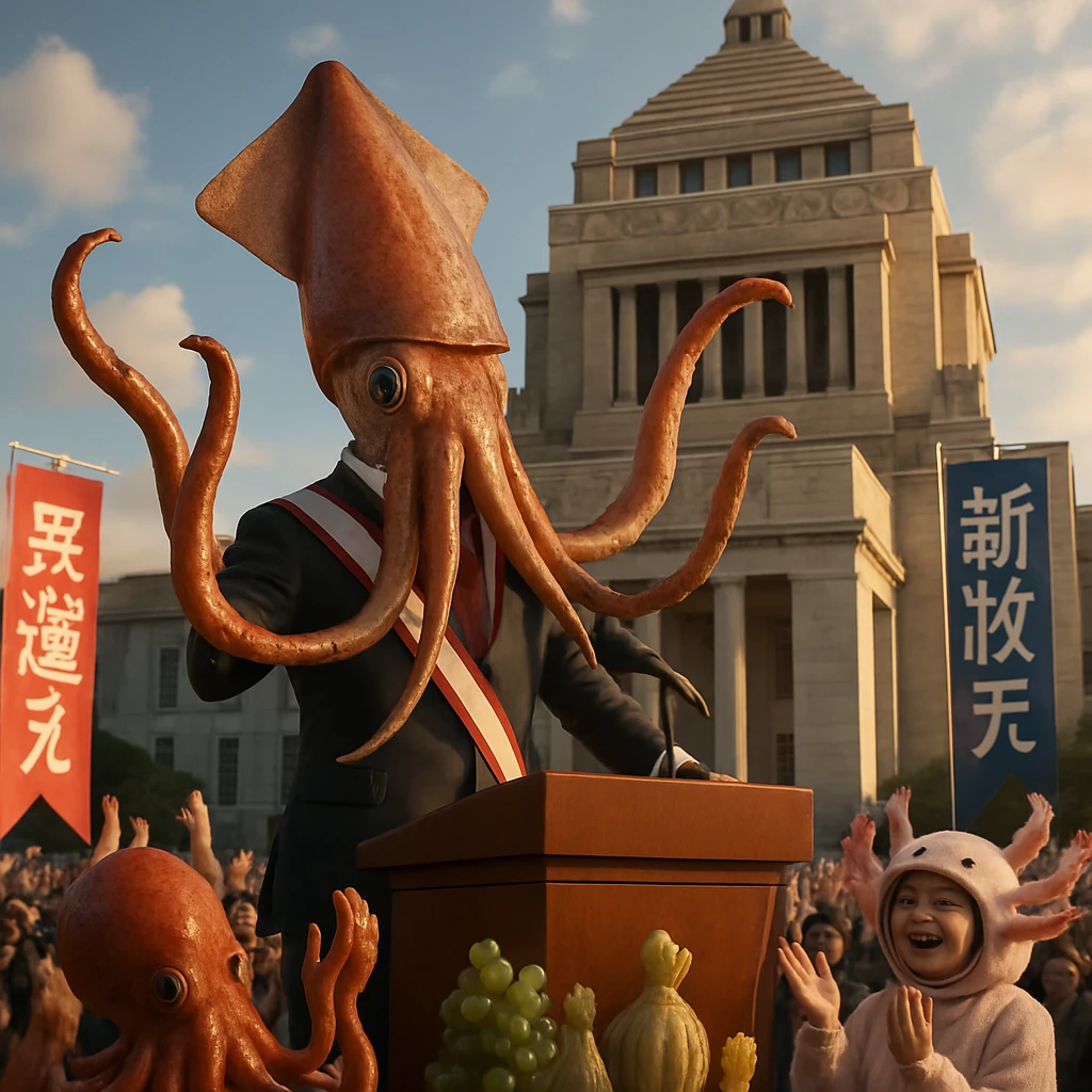 国会議事堂前でスーツ姿の巨大イカ首相が触手を掲げて演説している様子。