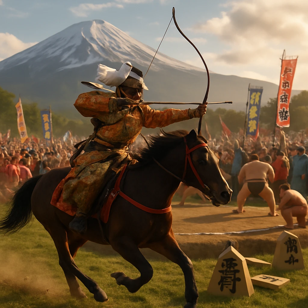 馬上の射手が肩に鳩を乗せて土俵に駆け込む、祭りの熱気あふれる瞬間の写真風画像。