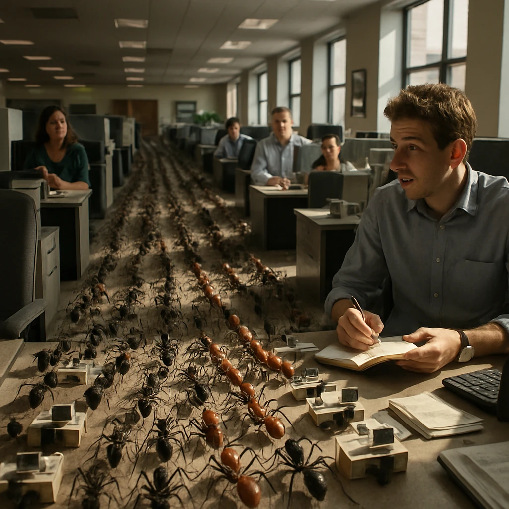 現代的なオフィス内で、人間の社員たちが見守る中、無数のアリが行列を作って小さなデスクで仕事をしている様子。