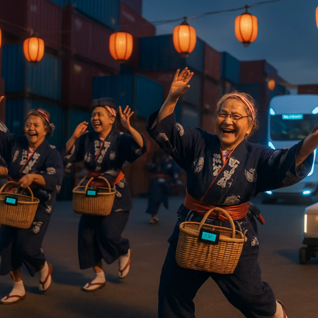 コンテナヤードでGPS付き手提げカゴを持ちながら踊る高齢女性たちと、その周囲で動くAIトラックやロボットの様子。