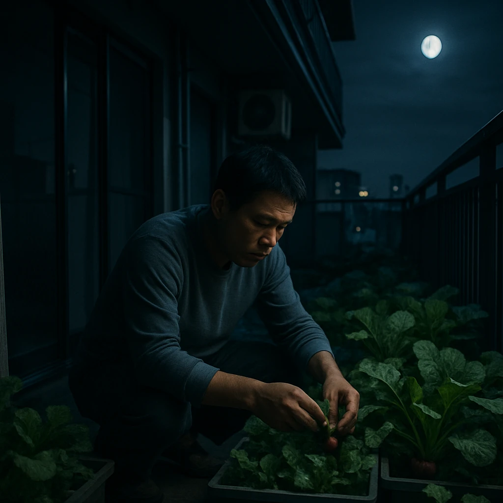 夜の月明かりだけが照らす都市マンションのベランダで、中年男性が豆苗などの作物を手作業で収穫している様子。