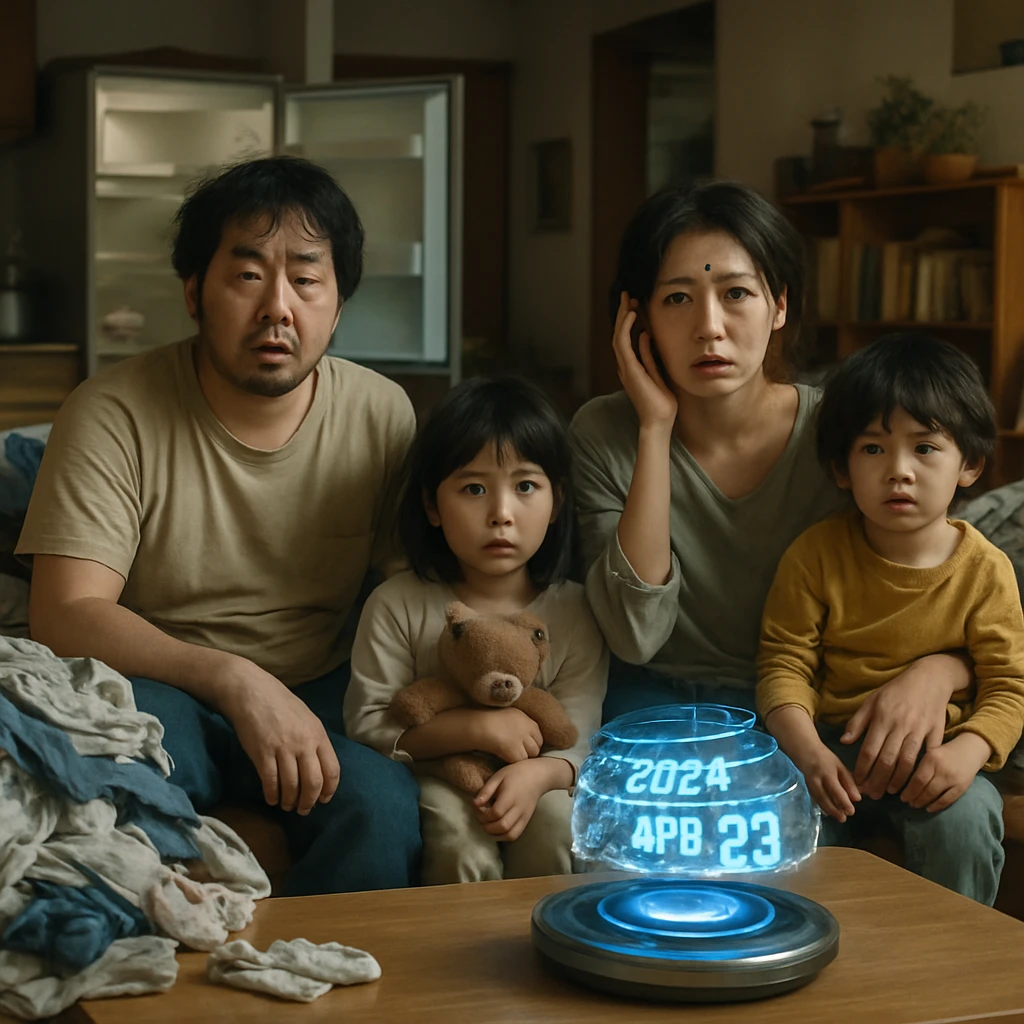 洗濯物が山積みされたリビングで、疲れた表情の家族と奇妙なカレンダー装置が光っている様子。