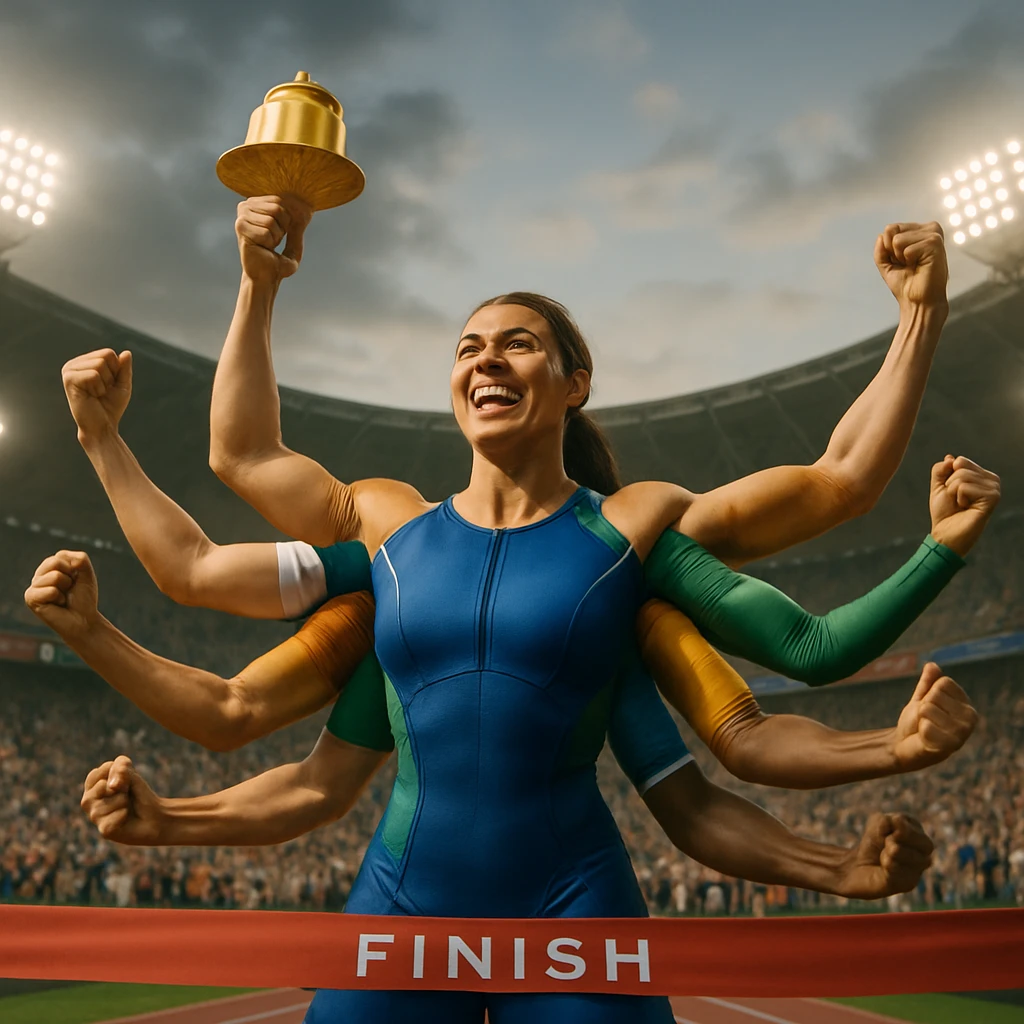 八本の腕を持つ巨大な女子アスリートチームが金色プリンのトロフィーを掲げる現場の写真風画像です。