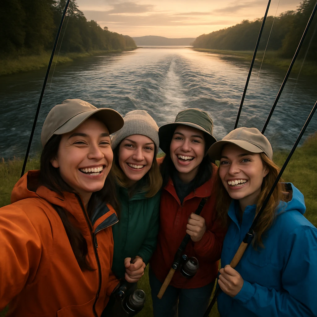 釣りガールたちが川岸で自撮りし、背後で川が湖に向かい逆流している様子を写した写真風イメージ。