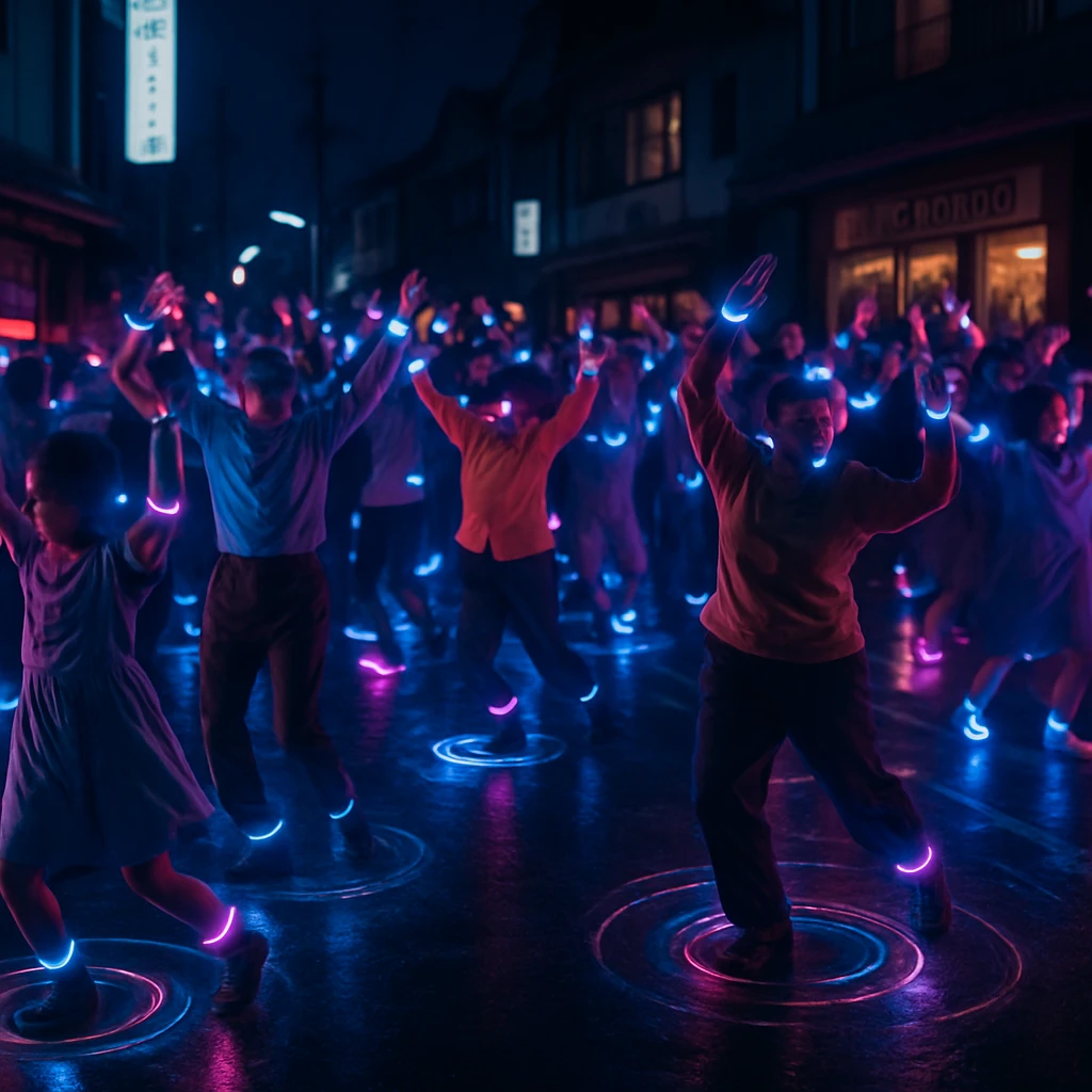 八丈浜町の夜道で、蛍光色に発光する複数の町民が発光リングを装着しながら集団で踊っている様子。