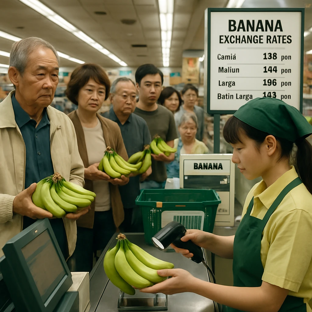 日本のスーパーでレジに並ぶ人々が現金の代わりに青いバナナを手に持っている様子。