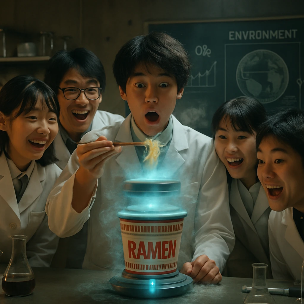 白衣を着た高校生たちが研究室のテーブルで未来的なラーメンカップの実験を行い、蒸気や光が輝いている様子。