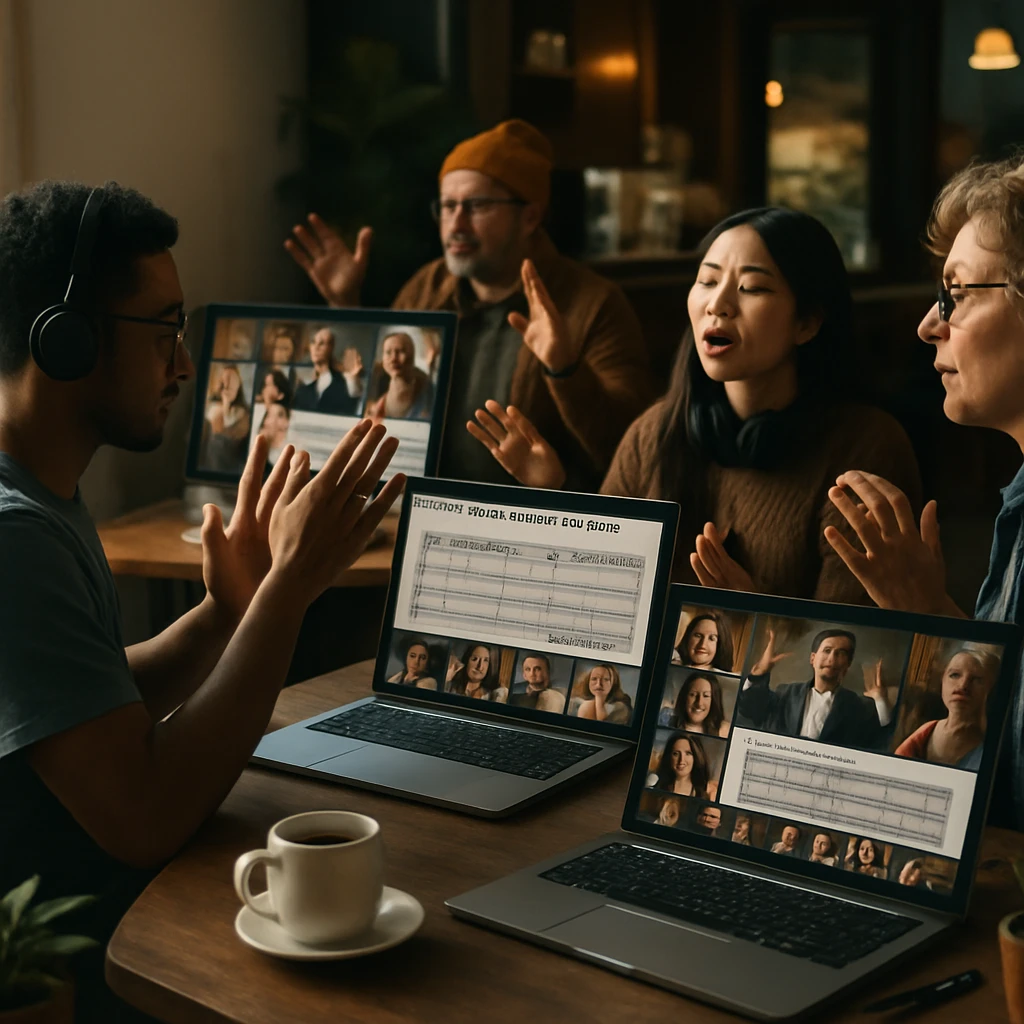 リモートワーク中にビデオ会議画面を共有しながら複数人が歌い指揮をする様子を写した写真風の画像。