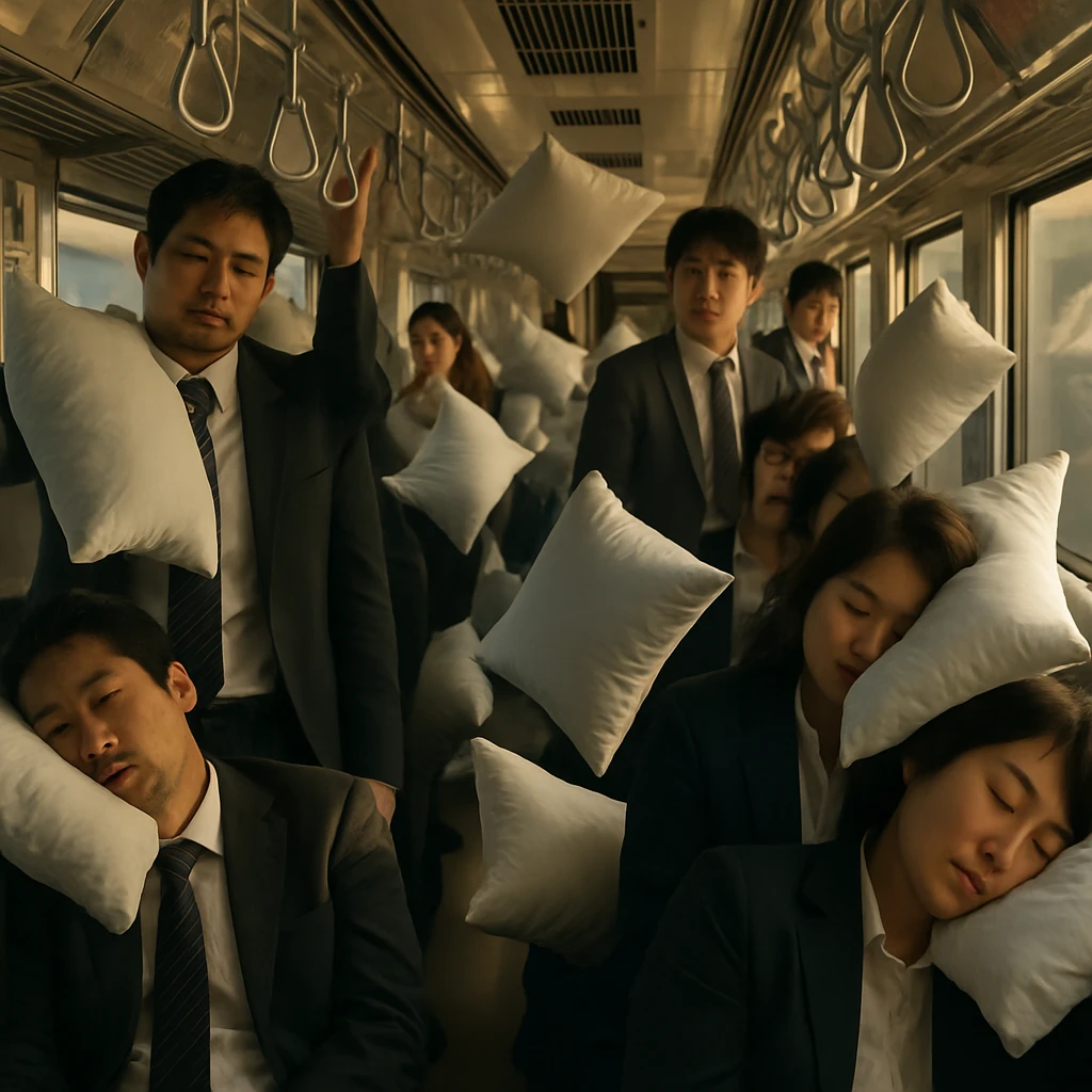 通勤時間帯の日本の満員電車内で枕が自発的に人々の頭の下や空中を移動している様子。