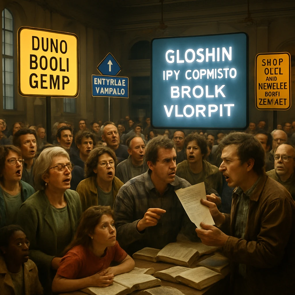 旧市公会堂で人々が奇妙な翻訳が表示された巨大スクリーンや看板を困惑しながら見つめている様子。