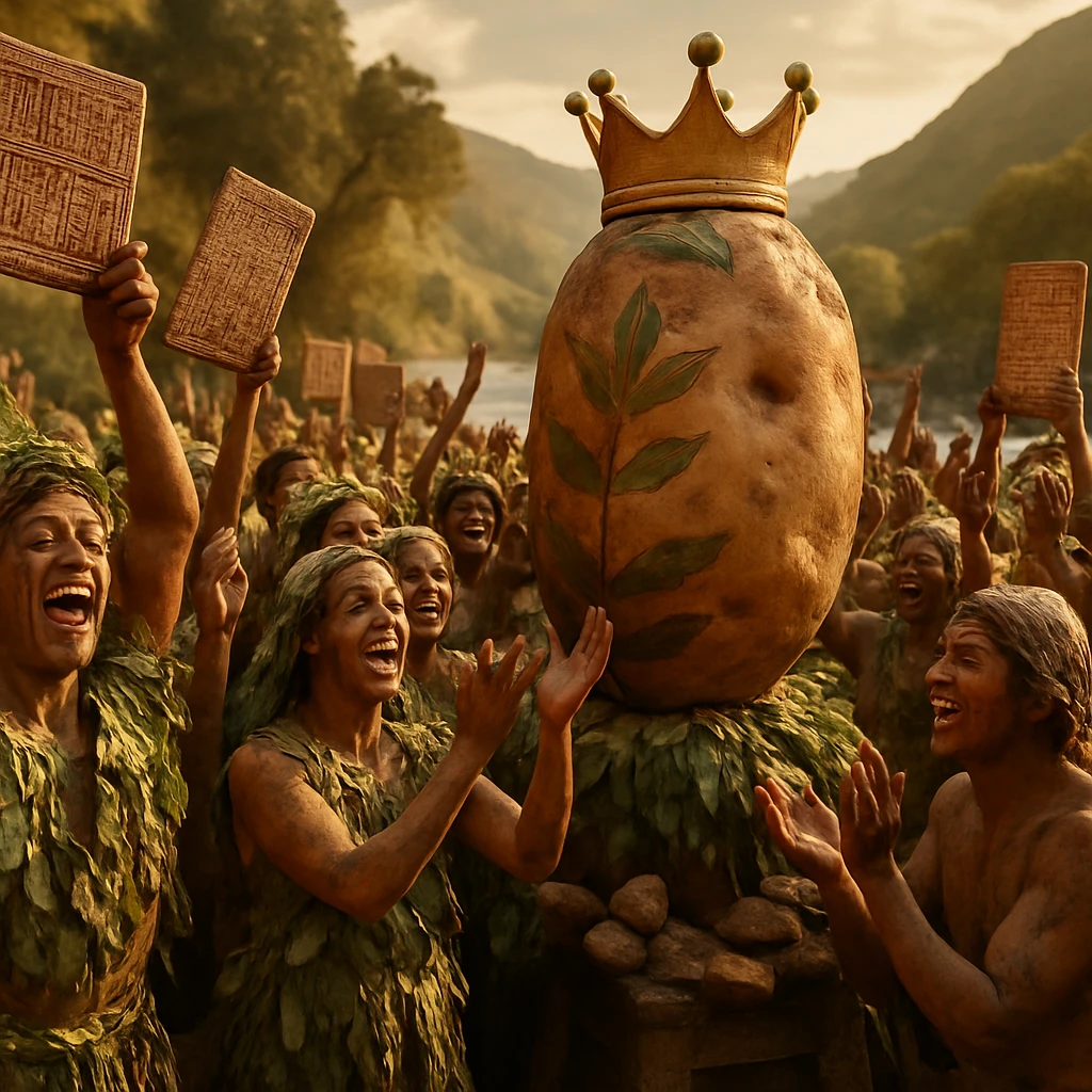 古代の祭りで人々が冠をかぶせた巨大なジャガイモ像を囲み、葉っぱや泥で着飾って熱狂的に祝っている様子。