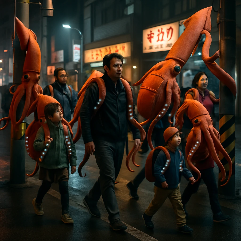 カスピ市の夜の道路で、巨大なイカ型非常持出袋を背負った市民たちがパレードしている様子。