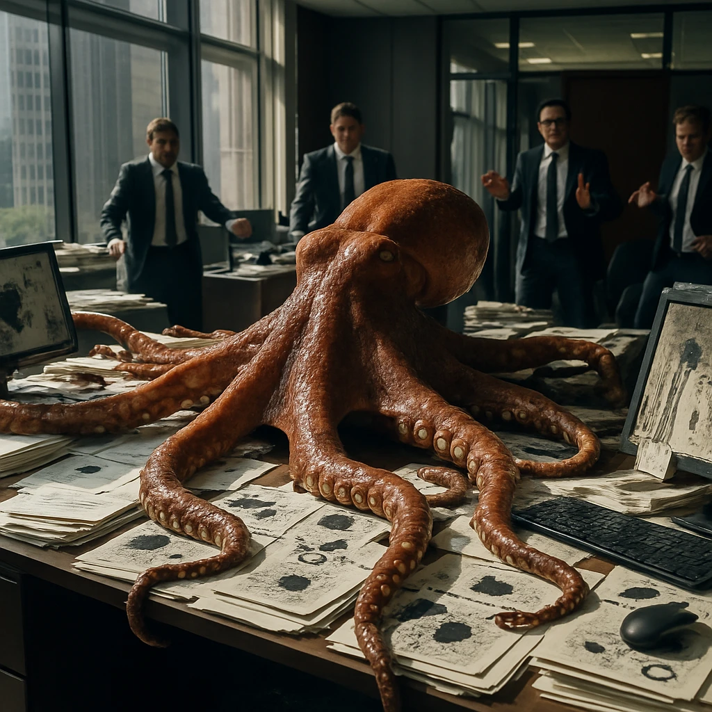 オフィスの法務部で巨大なタコが書類やパソコンを覆い、黒い吸盤跡と墨汁が散らばる様子。