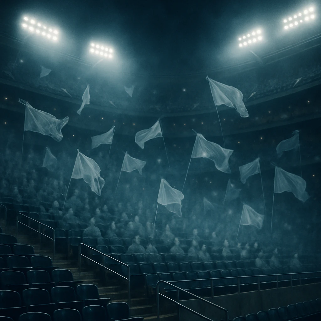 夜のスポーツスタジアムで、空席のスタンドに透明な旗が複数宙に浮かんでなびいている様子。