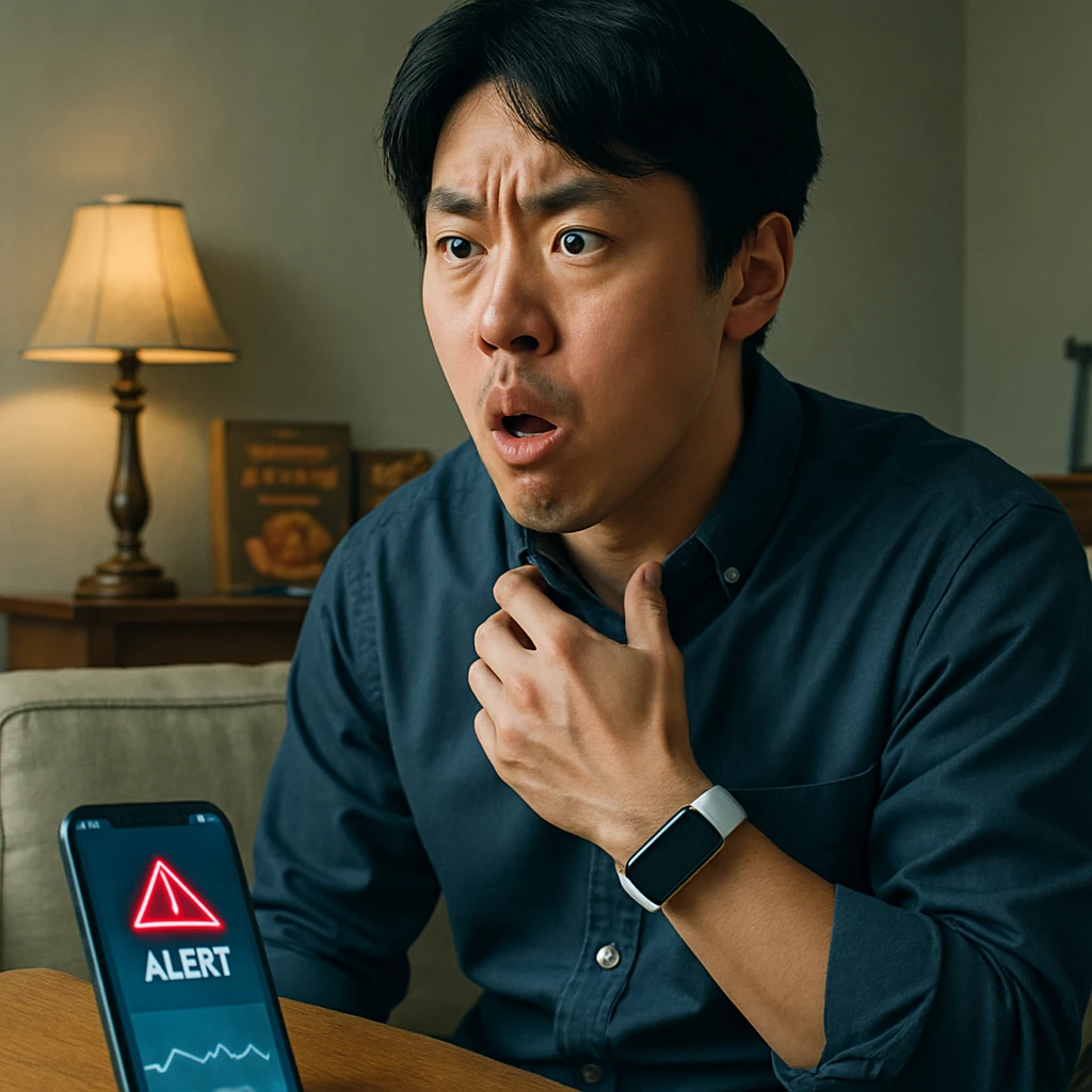 日本人男性がリビングでデジタル端末を着用し、驚いた表情で逆くしゃみをしている様子。