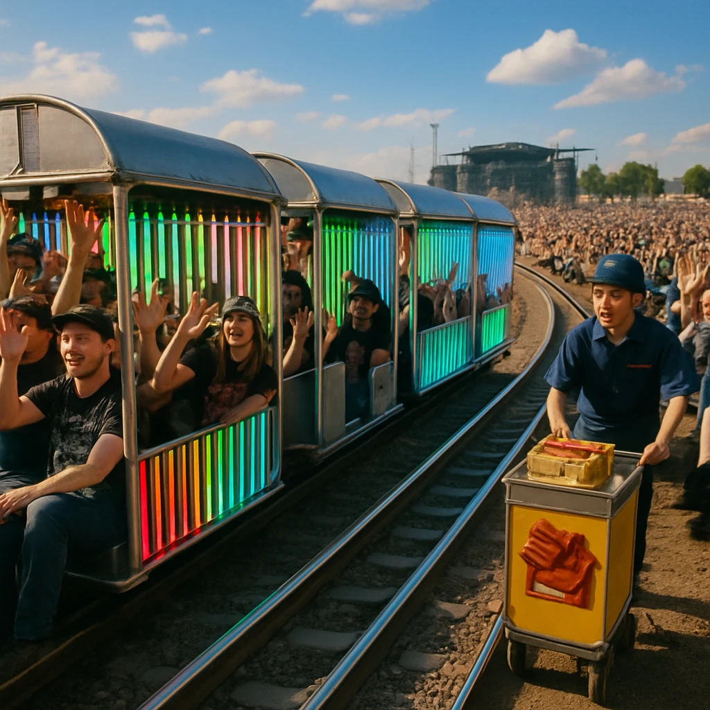 青空の下、サイリウムで彩られた臨時列車に乗った音楽フェス来場者が楽しそうに並ぶ様子。