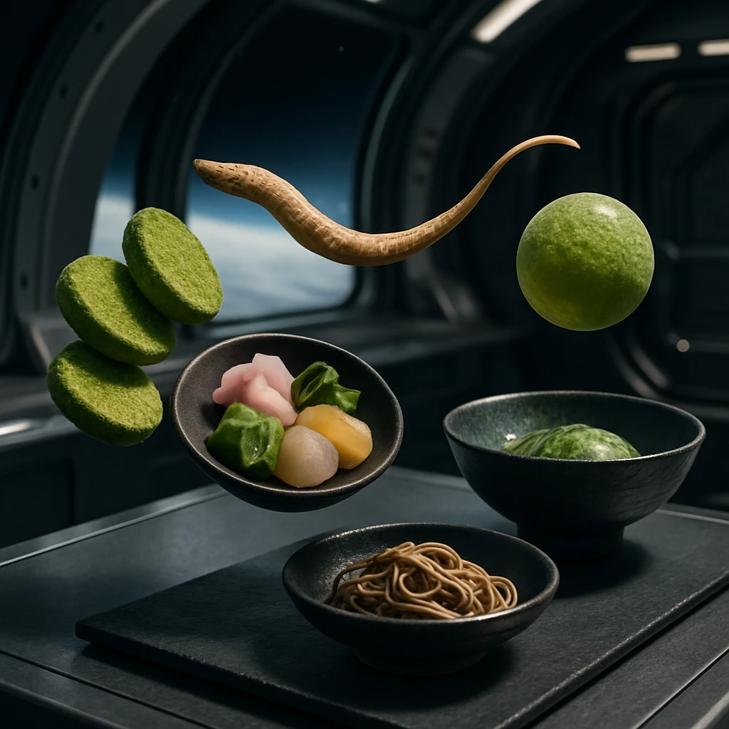 無重力空間で抹茶をまぶしたキュウリや漬物、そばなどが浮かぶ近未来的な和食定食の場面。