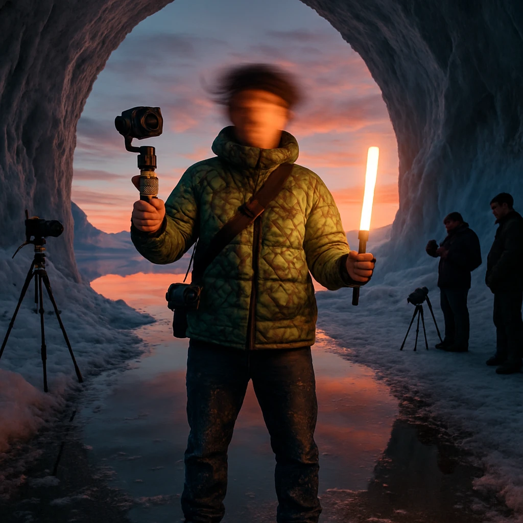 北極点の巨大なトンネル入口でハイテク機材を持ち頭が回転しているYouTuberが立つ様子。