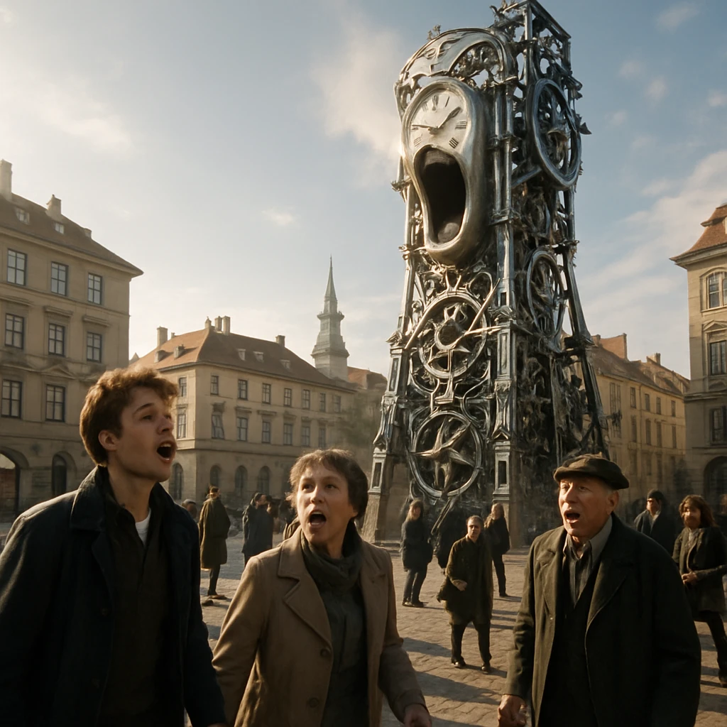 中心広場で叫び声をあげている機械的なギア式時計塔と驚く市民たちの朝の様子。