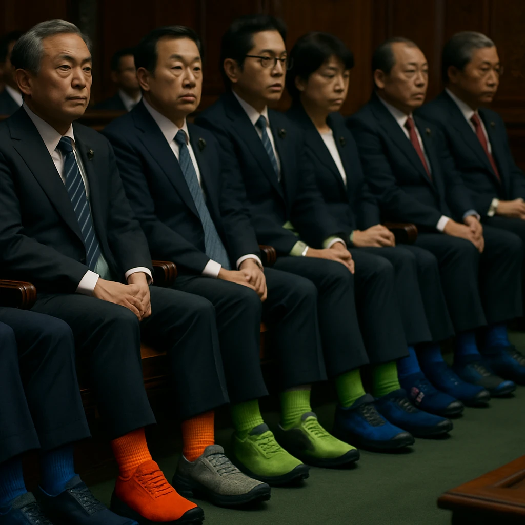 国会の議場でカラフルな左右違いのハイテク靴下を履いた複数の議員たちの足元を映した写真。