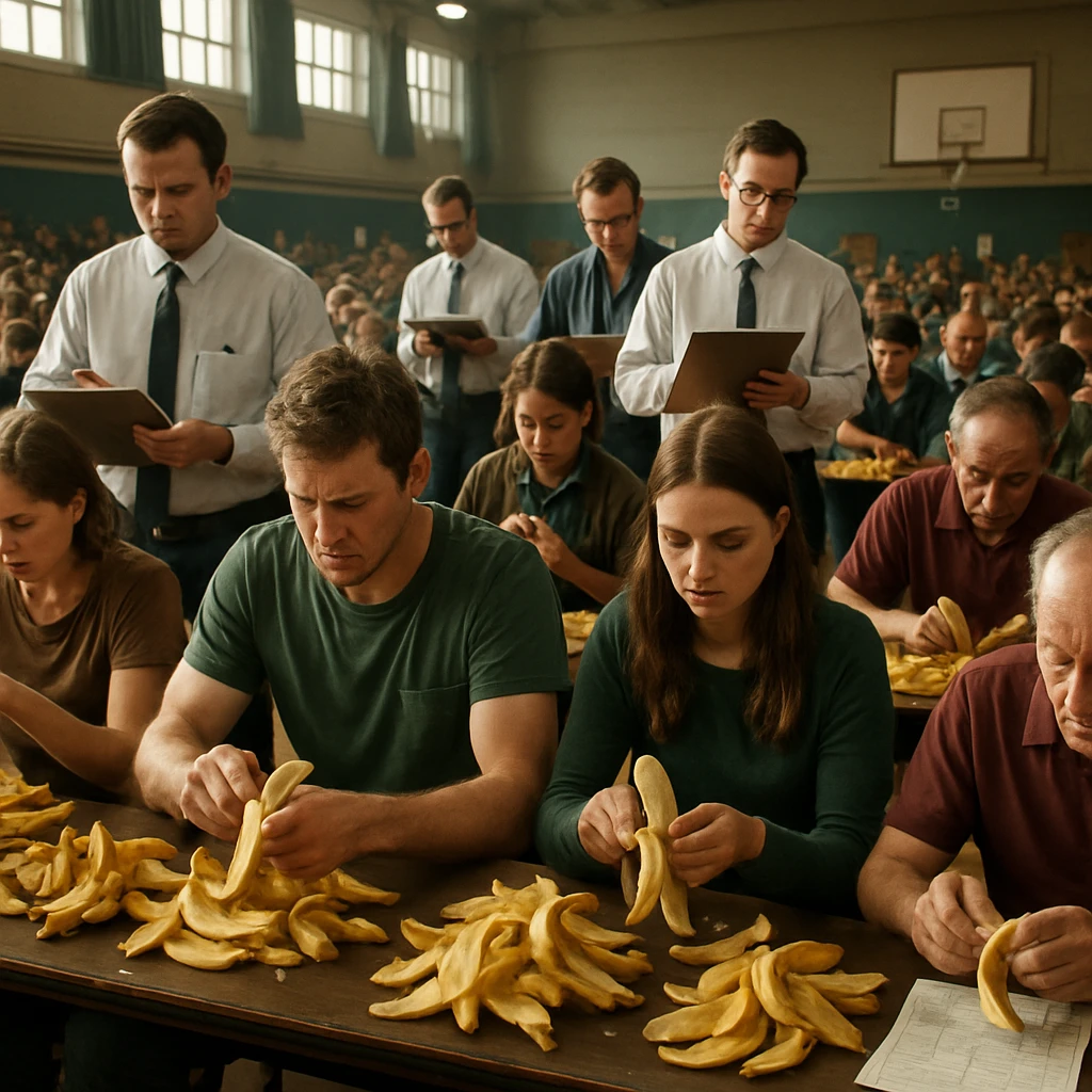 体育館の中で多くの人々が一斉にバナナの皮をむいている様子を捉えた写真風の画像。