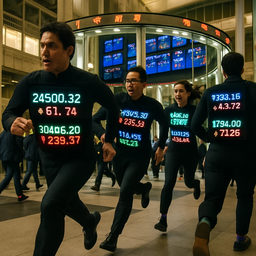 LED付き全身スーツで株価を表示しながら証券取引所内を歩き回る投資家たちの写真。