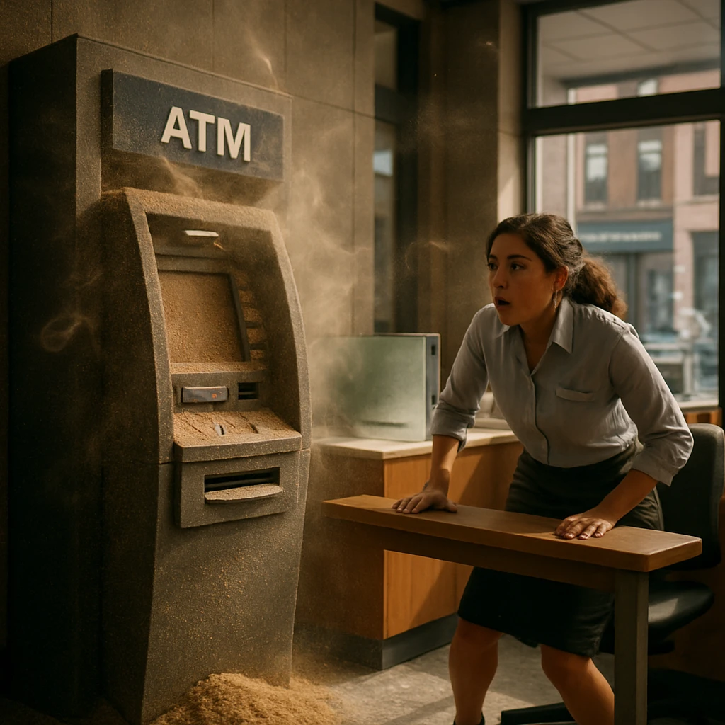 銀行の中でコオロギパウダーをかぶったATMが振動し、行員が驚いた様子でデスクを押さえている場面。