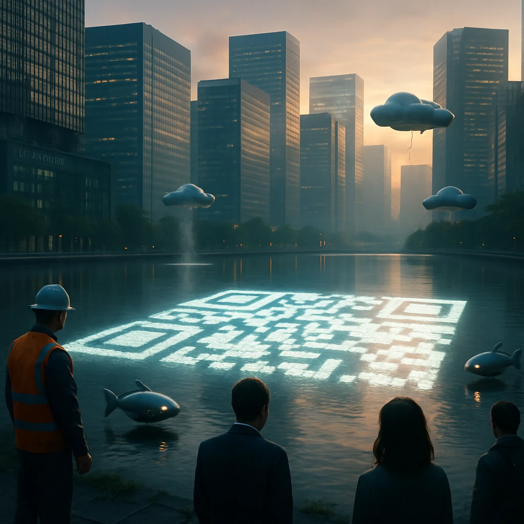 AI発泡フォームで巨大なQRコードが浮かぶ近未来のデラ星湖と、それを見つめる市民たちの様子。