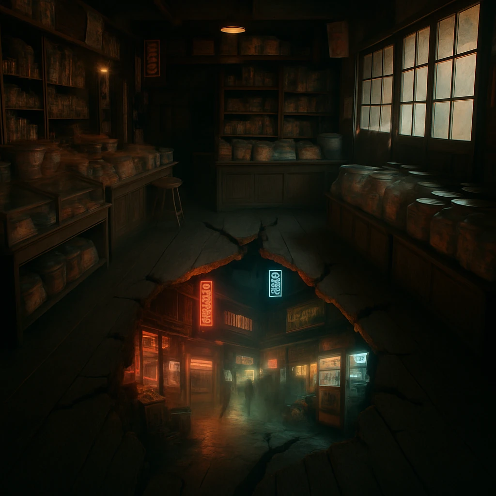 古びた駄菓子屋の店内で床が裂け、下に光るレトロな異世界が広がっている様子。