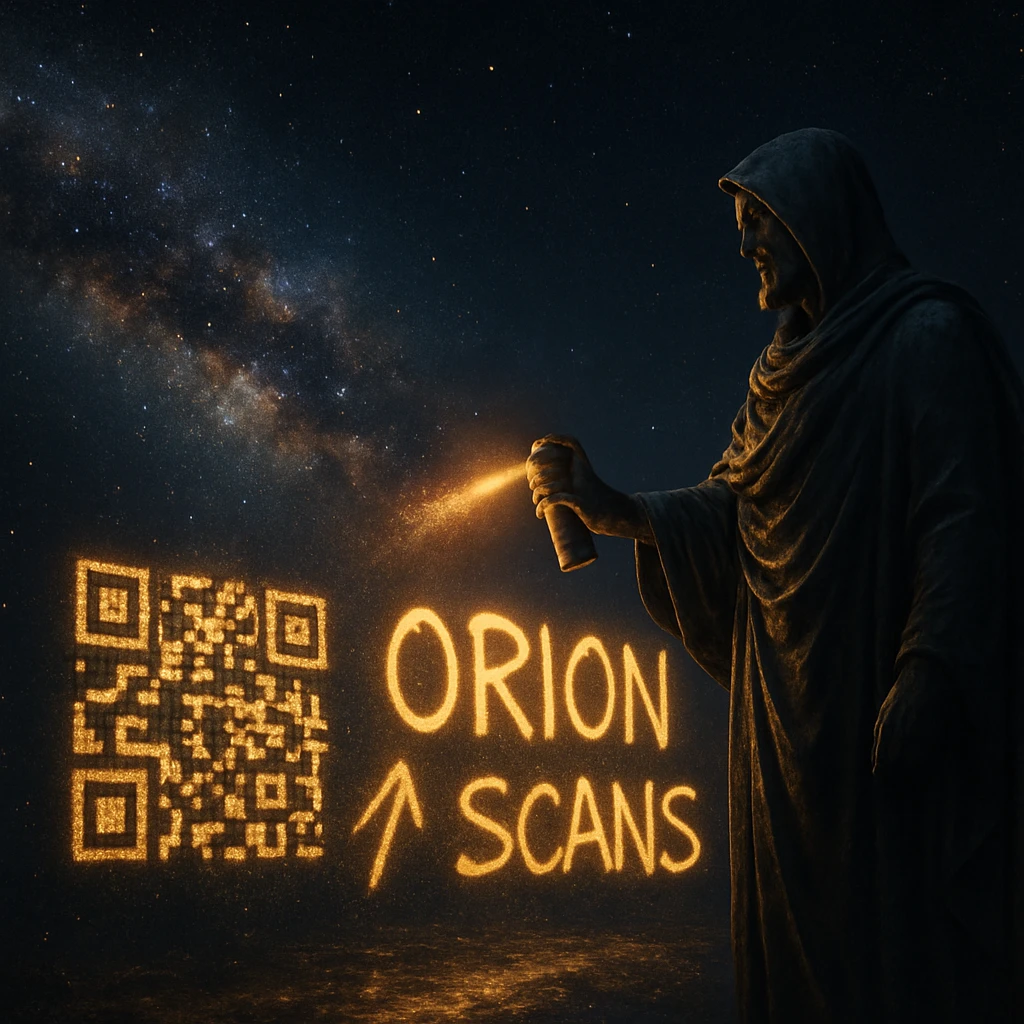 天の川の光り輝く表面に金色のスプレーでメッセージや巨大QRコードを描くオリオン・セイザオ氏らしき人物の現場風景。