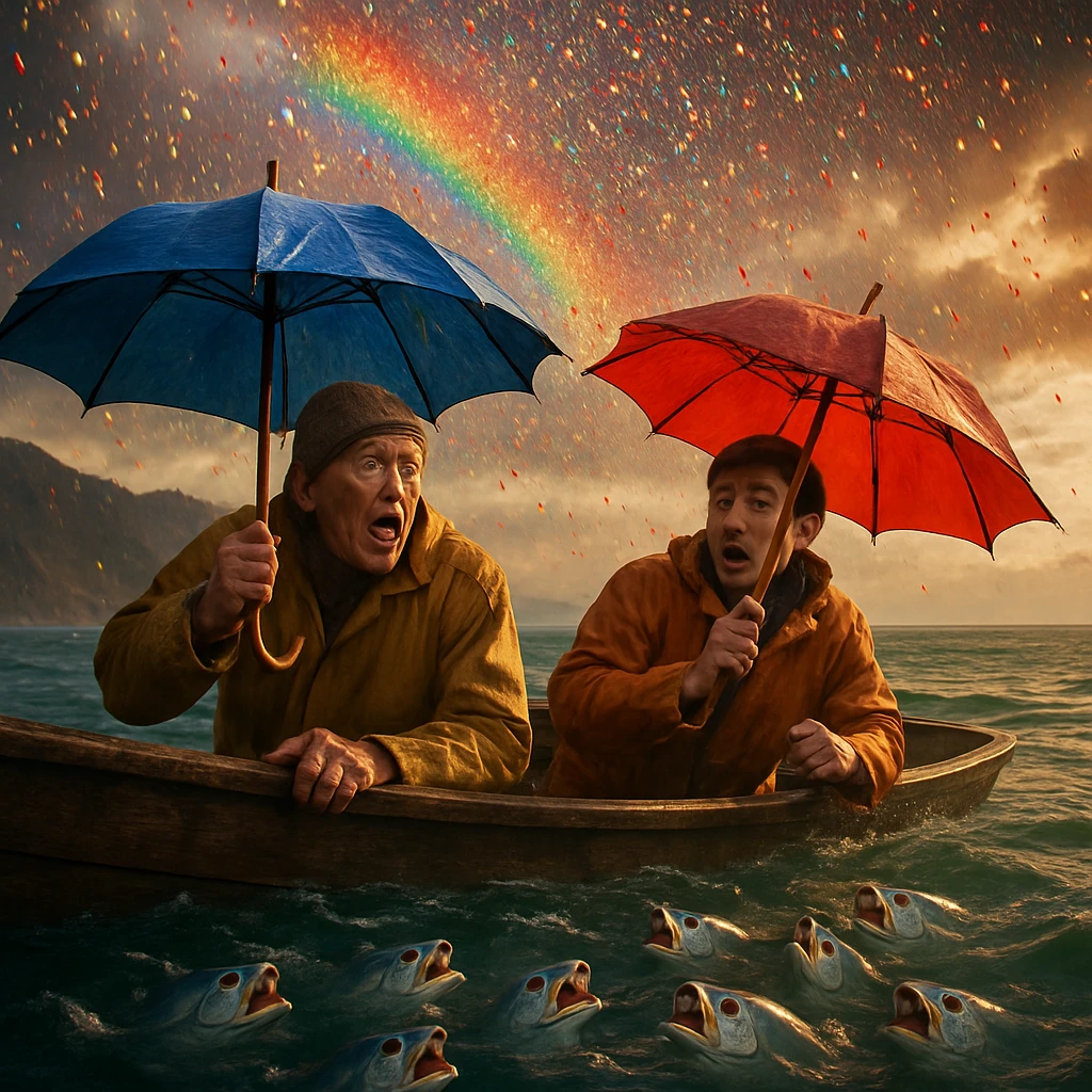 虹色のマイクロプラスチックが海に降り注ぎ、驚いた漁師が逆さ傘で頭を守る様子を捉えた写真。