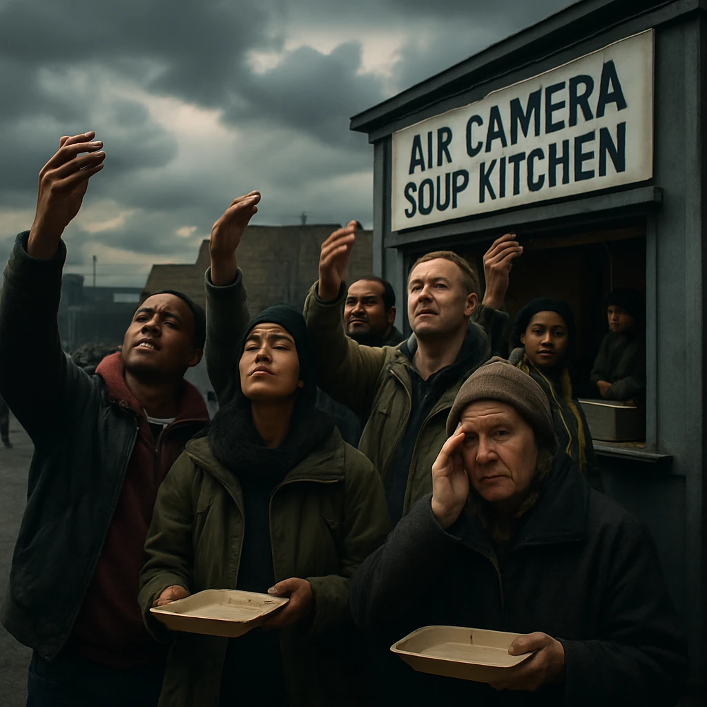 見えないカメラで自撮りをするために列を作る大勢の人々を写した都市の屋外風景。