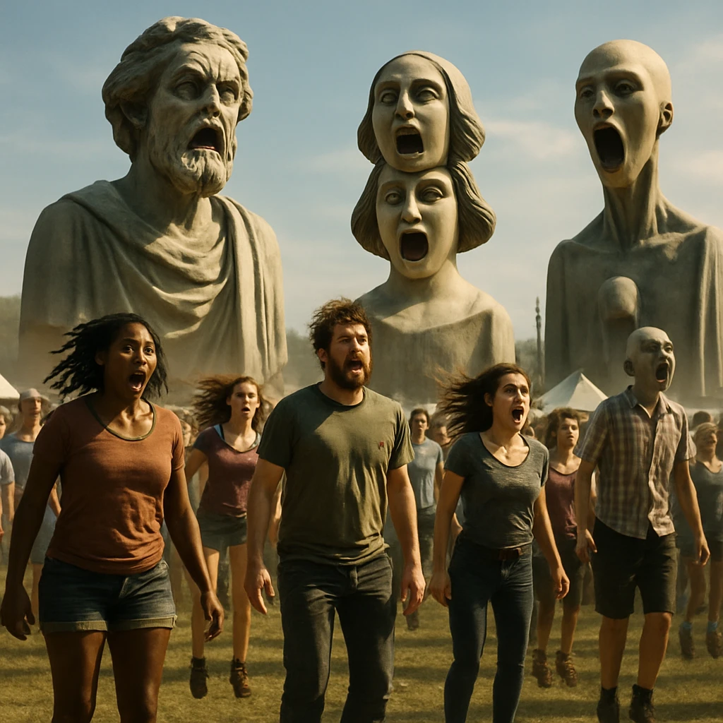 絶叫する巨大な彫像型ロボットとともに空中に浮かぶ観客たちが屋外広場に集う瞬間を捉えた写真。