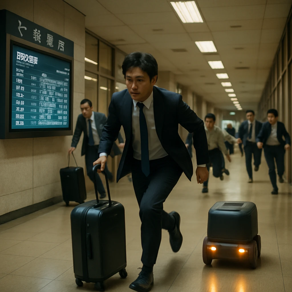 日本の役所内でスーツケースを持った公務員と市民が大きな液晶画面を見ながら忙しく移動している様子。