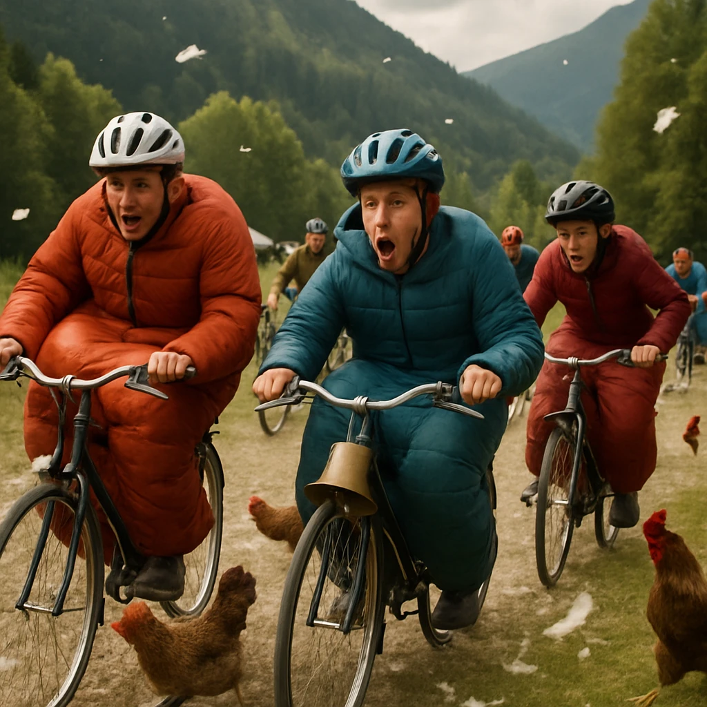 富士山の麓で寝袋をつけた自転車に乗る参加者と鶏が混在してレースをするアウトドアイベントの賑やかな一場面。