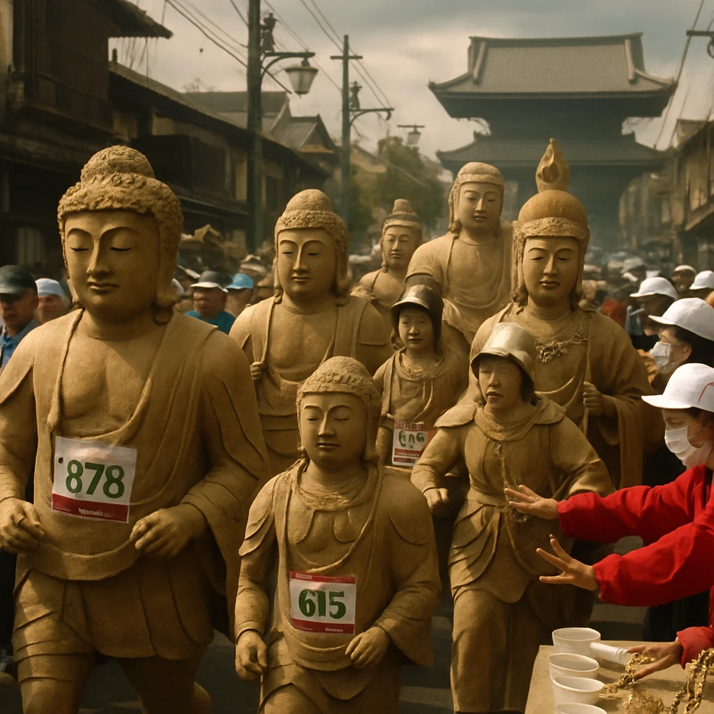 マラソン大会のコースに手作りの大仏コスチュームを着た多数のランナーが乱入し、沿道の補給所前が混乱している様子。