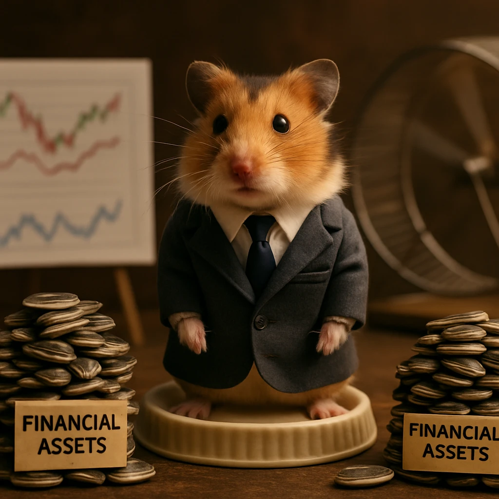 スーツを着たハムスターがヒマワリの種の山と小さな回し車の前で記者会見している様子。