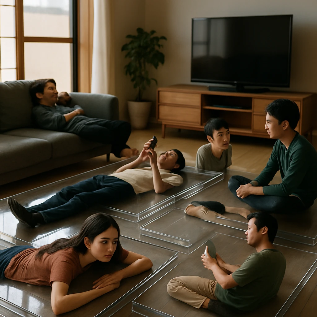 透明なアクリル板の上でパンケーキのように薄くなった若者たちがくつろぐ現代的な日本のリビングの写真。