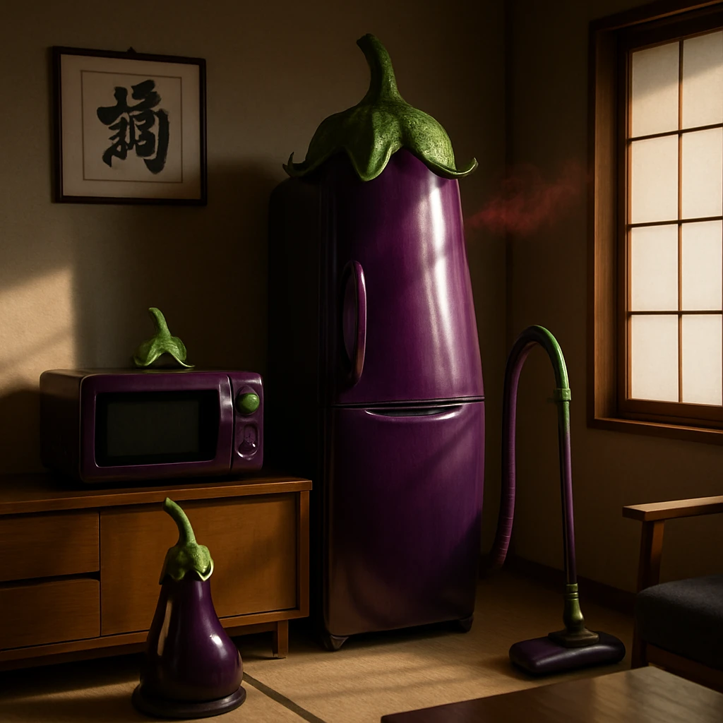 紫色でヘタのついた冷蔵庫と家電が並ぶ現代的な日本のリビングルームの様子。
