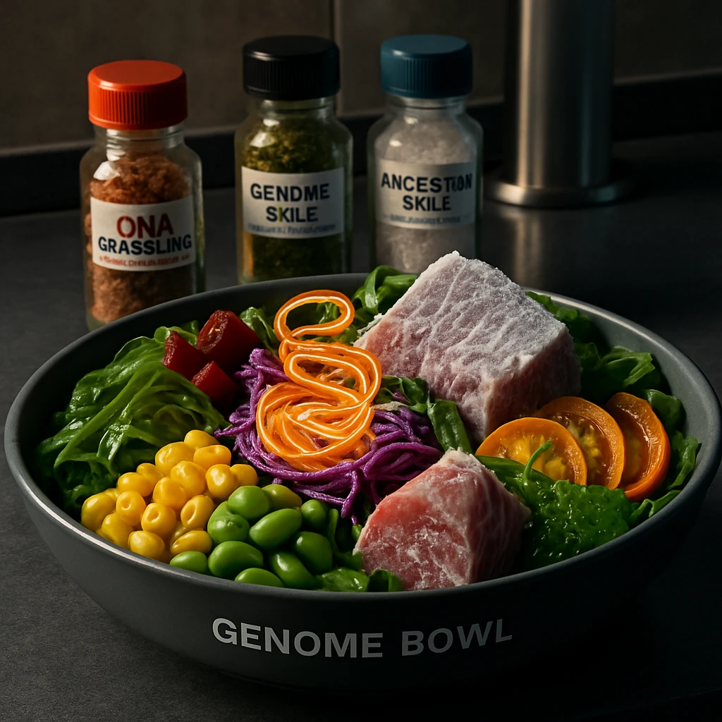 さまざまな遺伝子由来の具材が美しく盛り付けられた未来的なサラダボウルが、先進的なカウンターの上に置かれている。