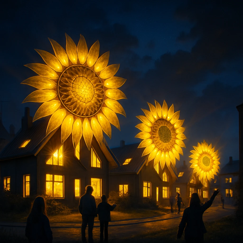 夜の住宅街で向日葵型住居が強烈な光を放ち、住民たちがその明るさに驚いたり踊ったりしている様子。