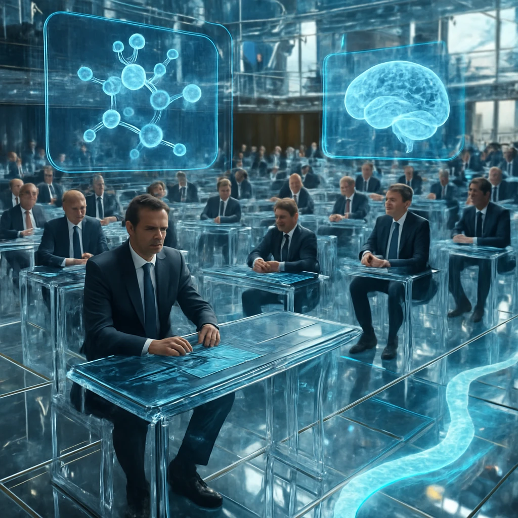完全に透明なガラスでできた議会で、議員たちがクリアな椅子に座り、頭上には分子構造や脳波パターンのホログラムが映し出されている様子。
