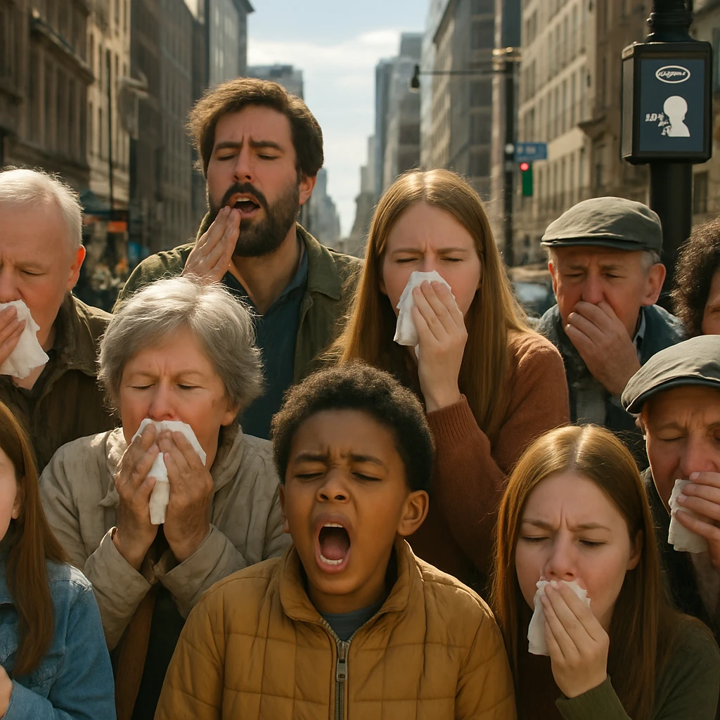 都市の街角で、さまざまな年齢層の人々が同時にくしゃみをしている様子をリアルに写した写真。