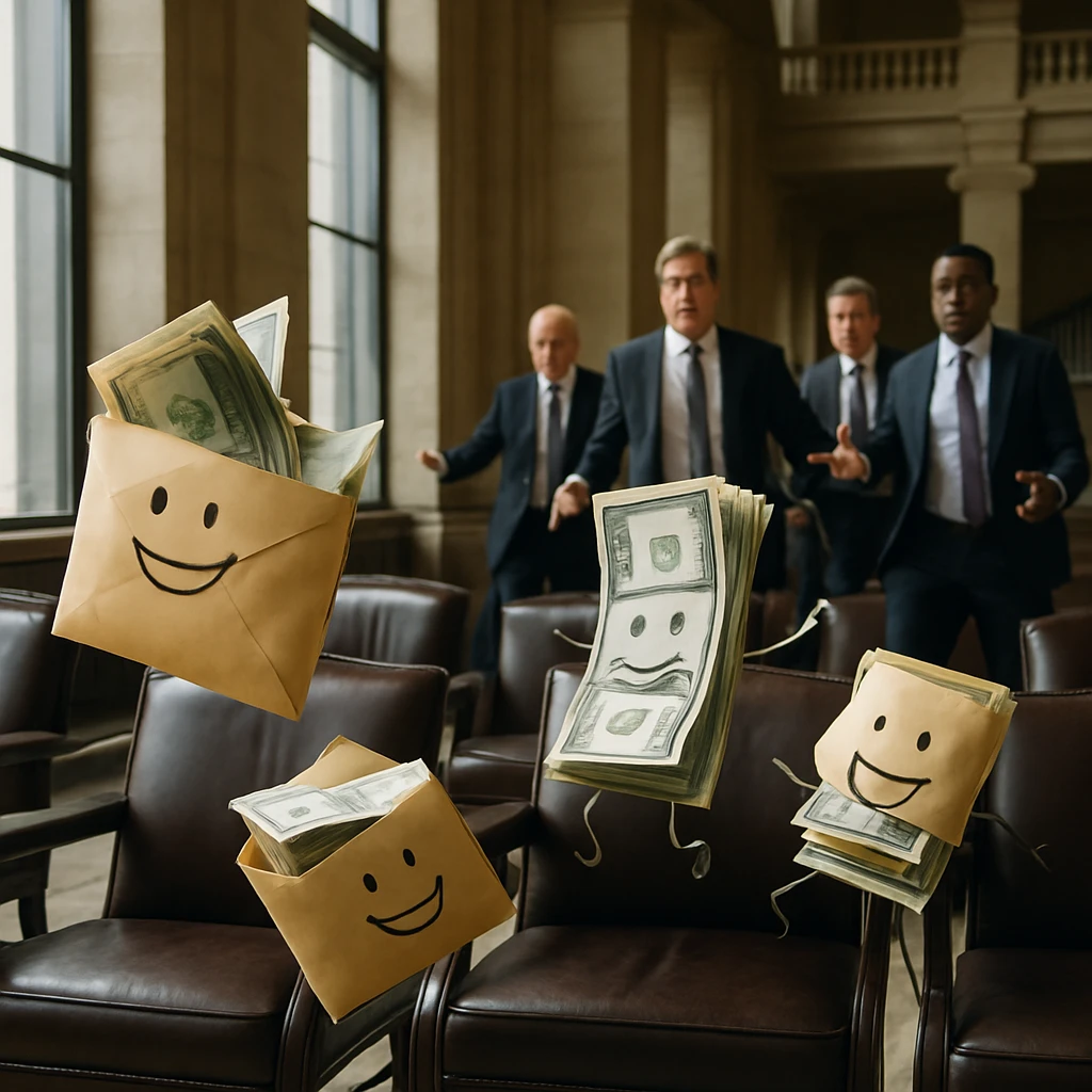国会議事堂のロビーで札束や封筒が椅子の上で跳ねている様子を驚きながら見ている政治家たちの写真風イメージ。