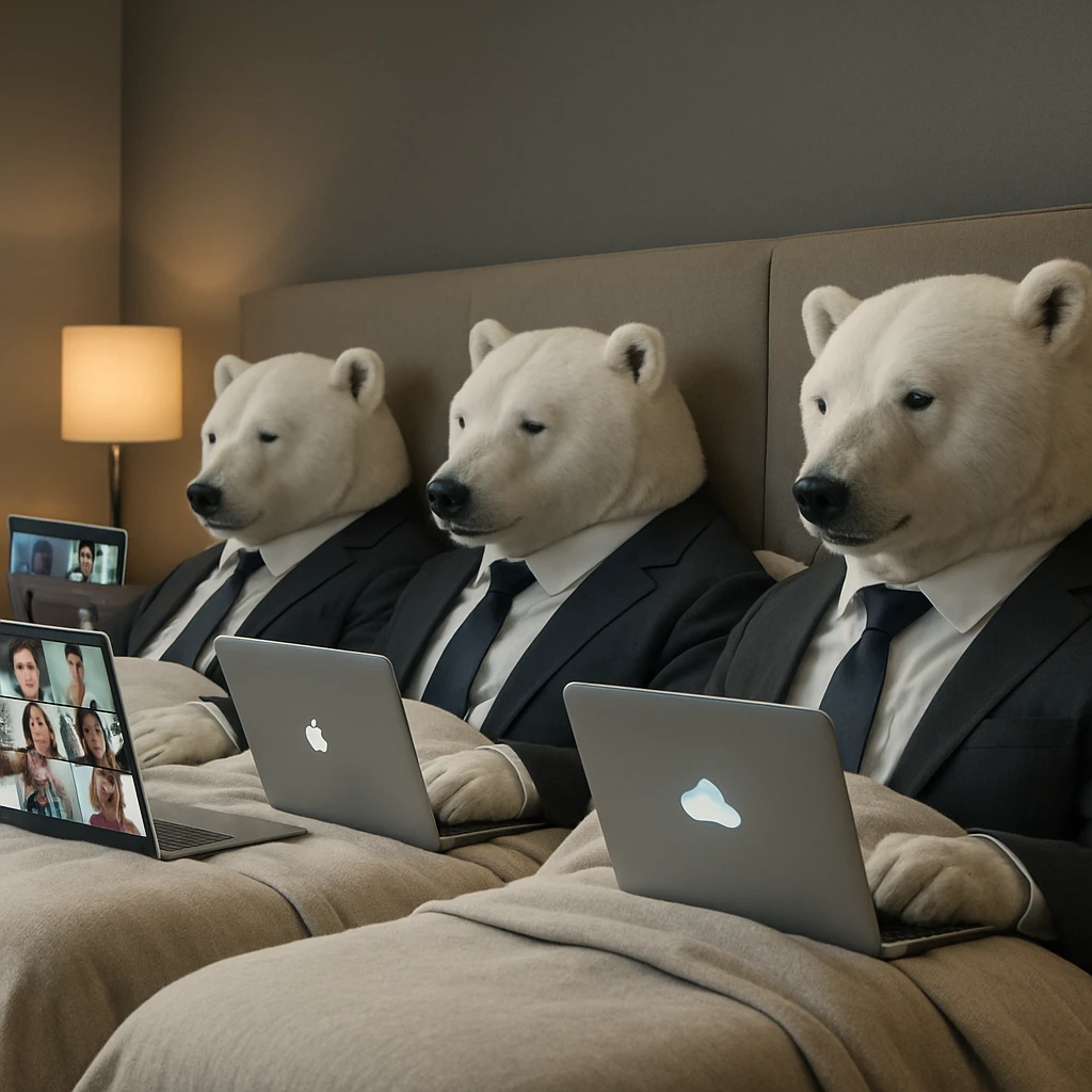 ビジネススーツ姿の北極グマ4頭がベッドでパジャマ姿のままパソコンでオンライン会議に参加している写真。