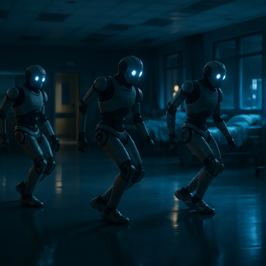 病室内で複数の医療用ロボットがムーンウォークを踊っている様子のリアルな写真風画像。