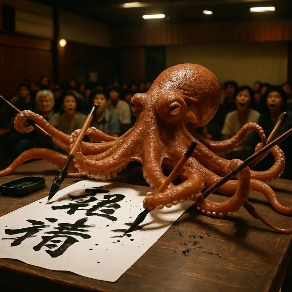 ステージ上の大きな机で八本足のタコが足で漢字を書き、周囲で人々が驚いた表情で見守っている様子。