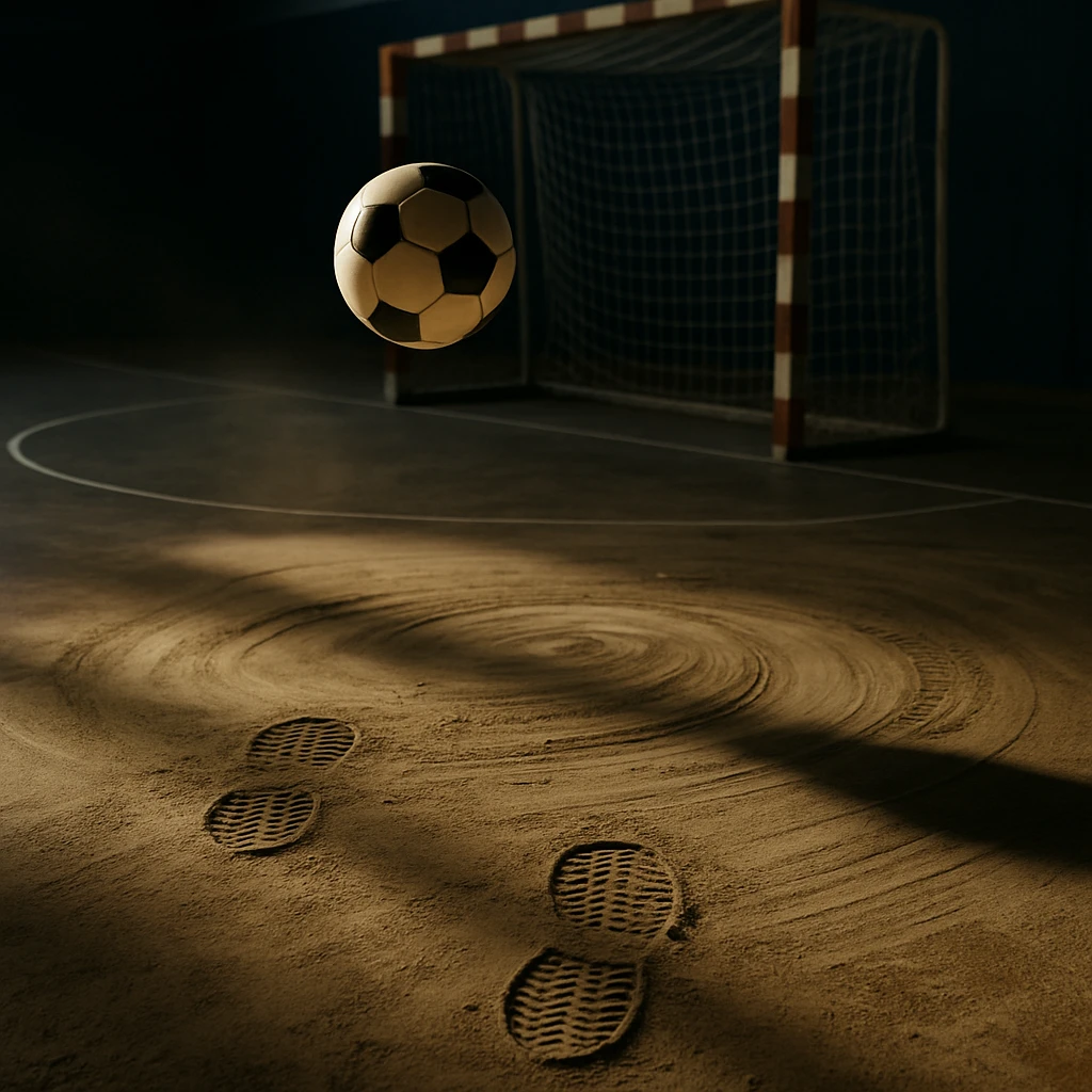 フットサルコートのゴール前に残る靴跡と不可解な円形模様、宙に浮かぶボールの写真です。